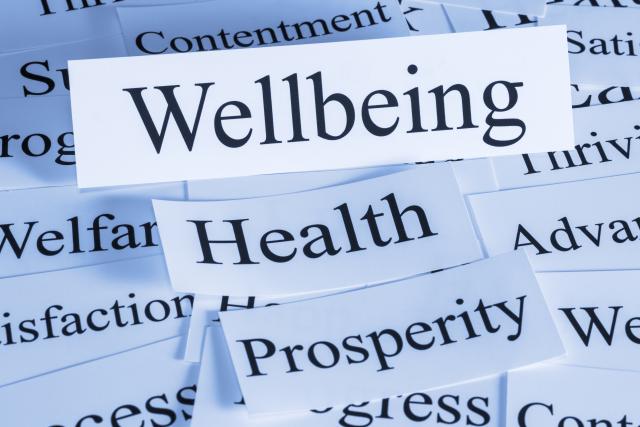 the word "wellbeing" on a slip of paper