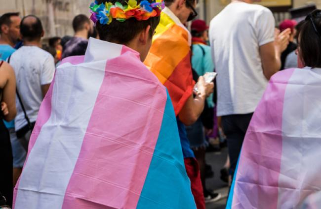 Transgender flag draped over the back of a person at a pride festival