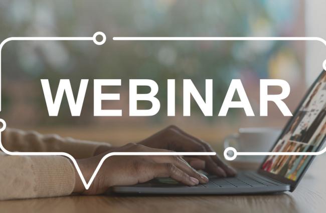 Person using laptop with word webinar superimposed on top.
