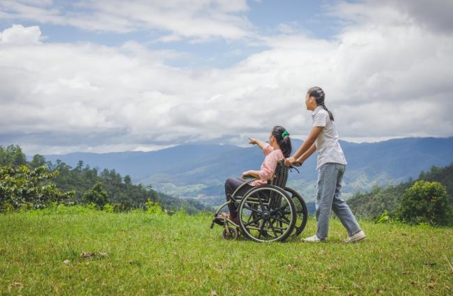 Woman in wheelchair and friend walking on hillside park on a sunny day