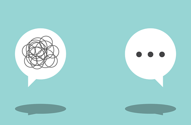 Illustration of conversation bubbles on a blue background. One conversation has overlapping circles, representing garbled text. The other has three periods, denoting lack of understanding.