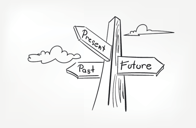 Illustration of a wooden sign post with arrows pointing to the past, present, and future