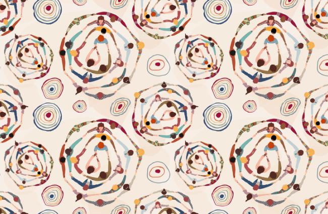 seamless pattern with group of diverse people in a circle from different cultures holding hands. Community men and women of friends or volunteers