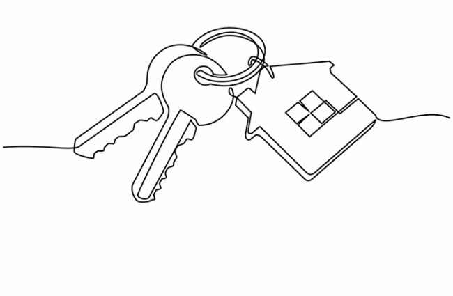 Line drawing of a set of keys with a house keychain