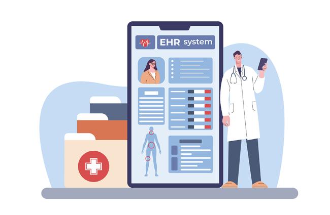 Illustration of a doctor next to a tablet that says "EHR system" and paper files