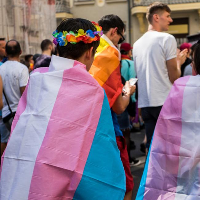 Transgender flag draped over the back of a person at a pride festival