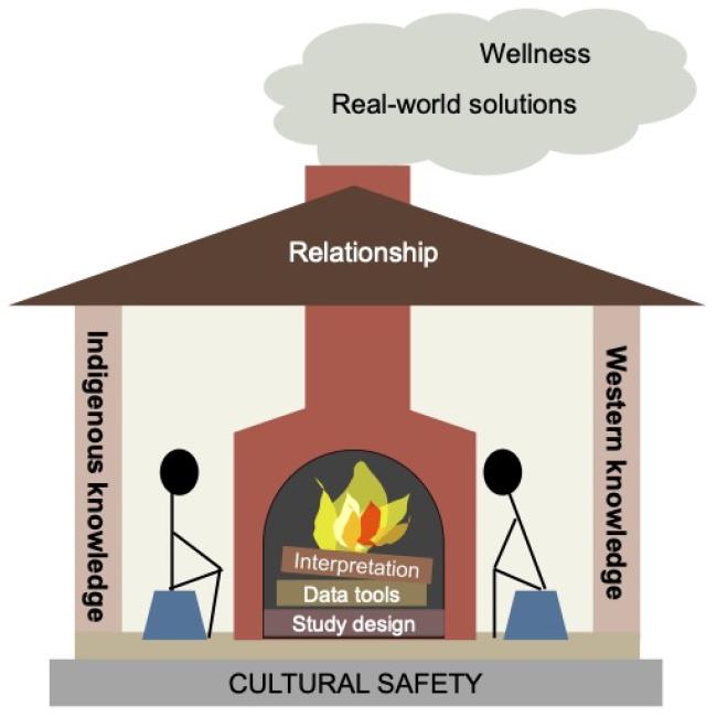 Graphic of a house with Indigenous Knowledge and Western Knowledge as the walls, that conveys key ideas from the Project Blurb
