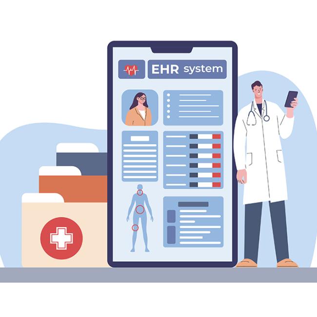 Illustration of a doctor next to a tablet that says "EHR system" and paper files