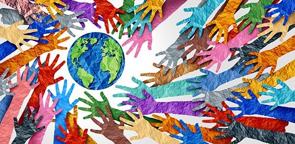 Graphic of different colored hands reaching toward the Earth.