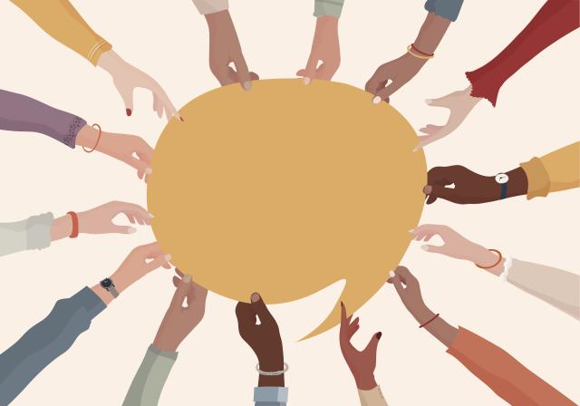 Arms and hands holding speech bubble to represent the concept of sharing and exchange.