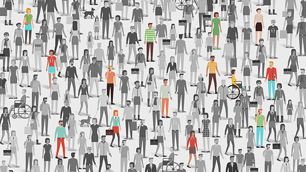 Crowd of individuals, many in greyscale and a few in color, highlighting diversity