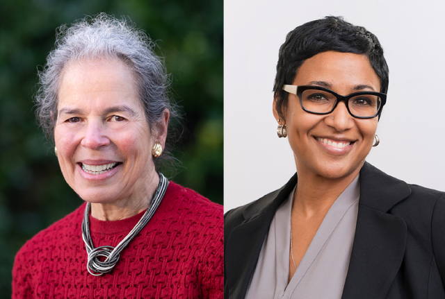 Dr. Nancy Adler, a smiling white woman with gray hair wearing a red sweater, and Dr. Amani Allen, a smiling Black woman with short dark hair wearing glasses and a blazer